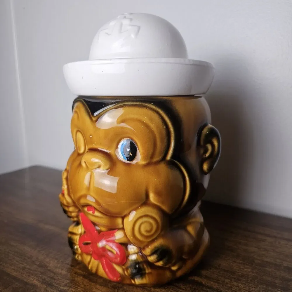 Vintage Japan Sailor Monkey Cookie Jar Ceramic Lollipop Canister 1960s 1970s